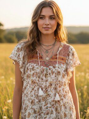 Maurices 1X Top Blouse White Cream Floral Tassel Tie Flutter Boho Cottage Chic